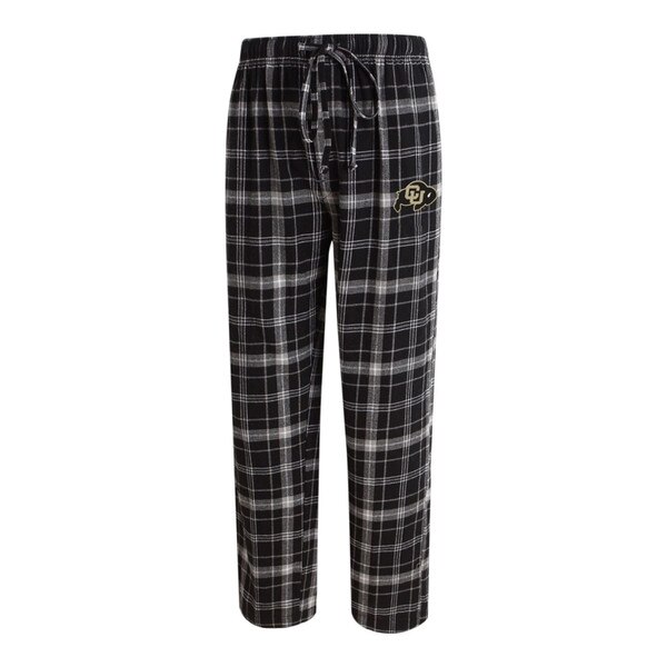 Black and white flannel patterned pants with a drawstring waist and the Colorado Buffaloes logo on the left hip